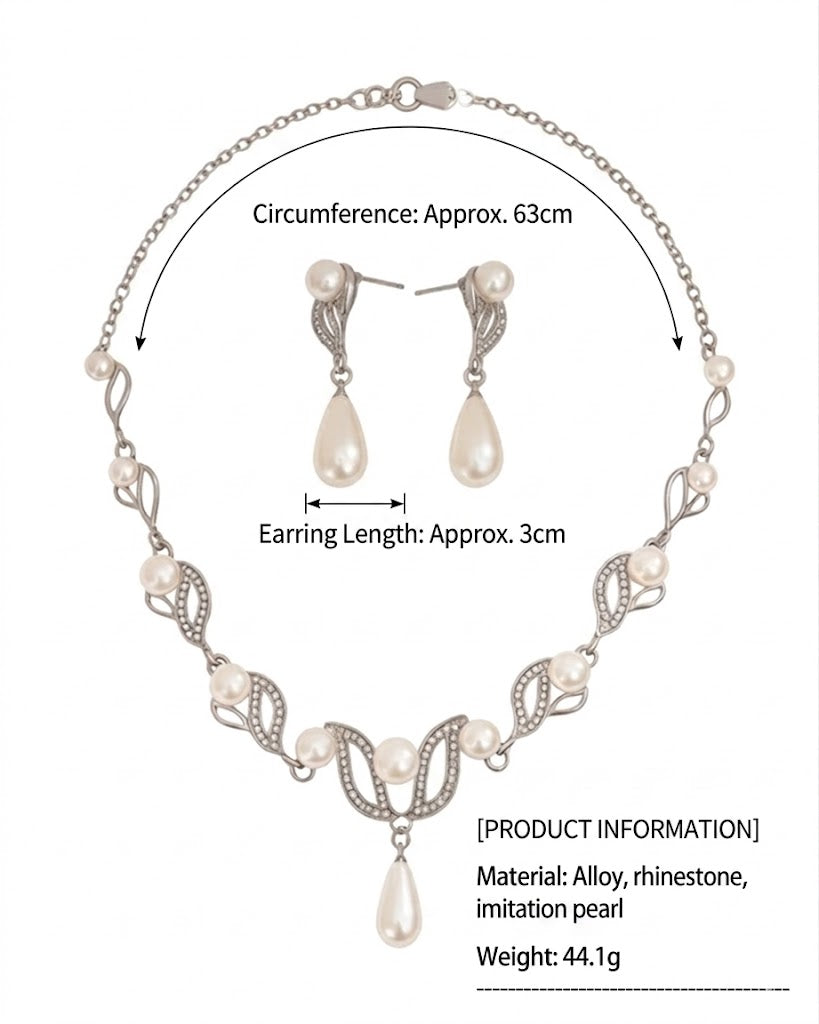 Elegant Silver-Tone Leaf Motif Statement Necklace and Teardrop Pearl Earring Set – Timeless Bridal and Formal Occasion Jewelry