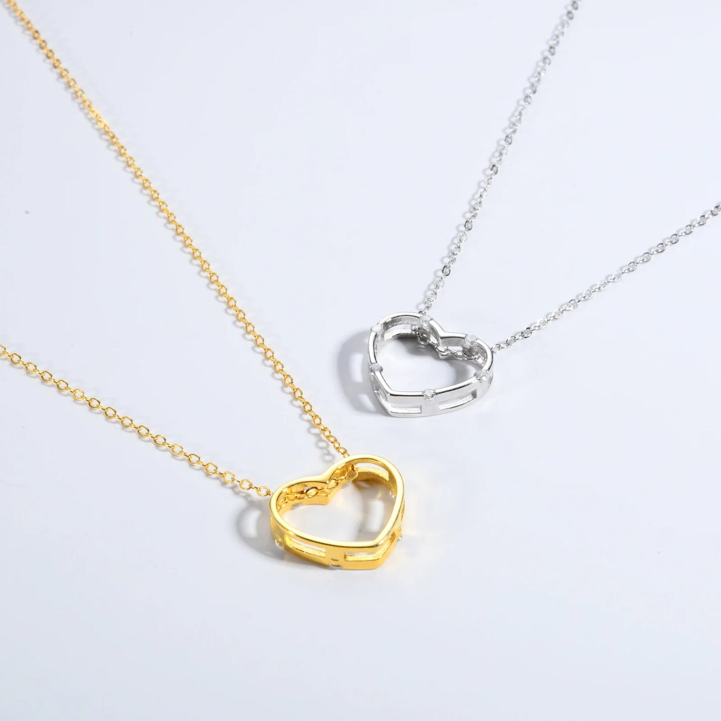 925 Sterling Silver Gold Clear Love Heart Pendant Necklace Long Chain Luxury Fine Jewelry Women Wedding Gift - LEIDAI