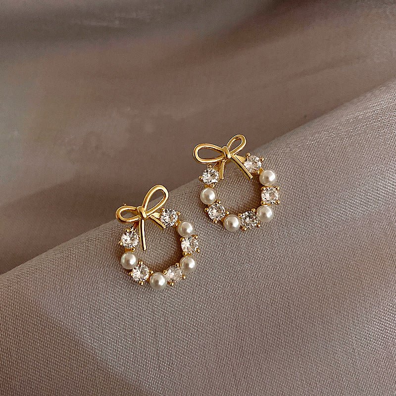 Bow Pearl Earrings Women's Popular High - end Light Luxury Earrings 925 Sterling Silver Needle Ear Accessories - LEIDAI
