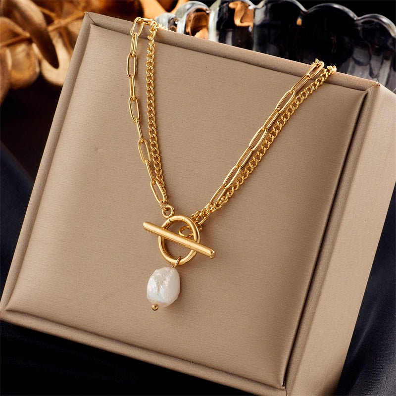 European and American new simple retro baroque pearl irregular OT double chain metal punk stainless steel necklace - LEIDAI