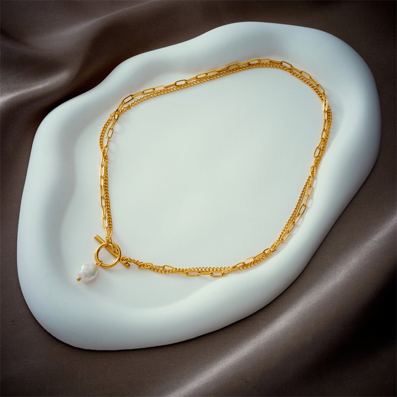 European and American new simple retro baroque pearl irregular OT double chain metal punk stainless steel necklace - LEIDAI