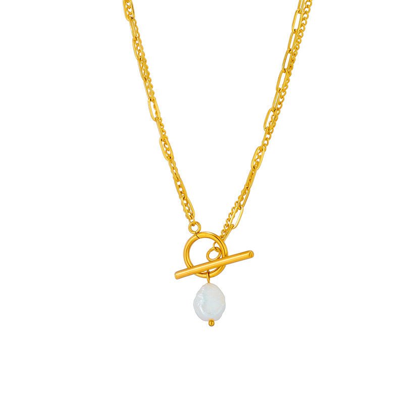 European and American new simple retro baroque pearl irregular OT double chain metal punk stainless steel necklace - LEIDAI
