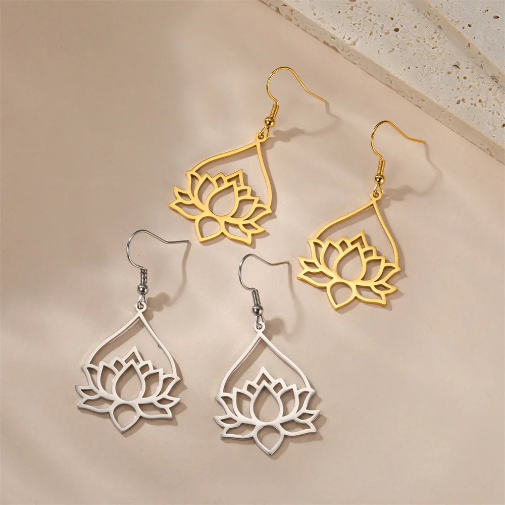 My Shape Hollow Lotus Drop Earrings for Women Stainless Steel Flower Dangle Earring Yoga Buddhism Jewelry Gifts Amulet - LEIDAI