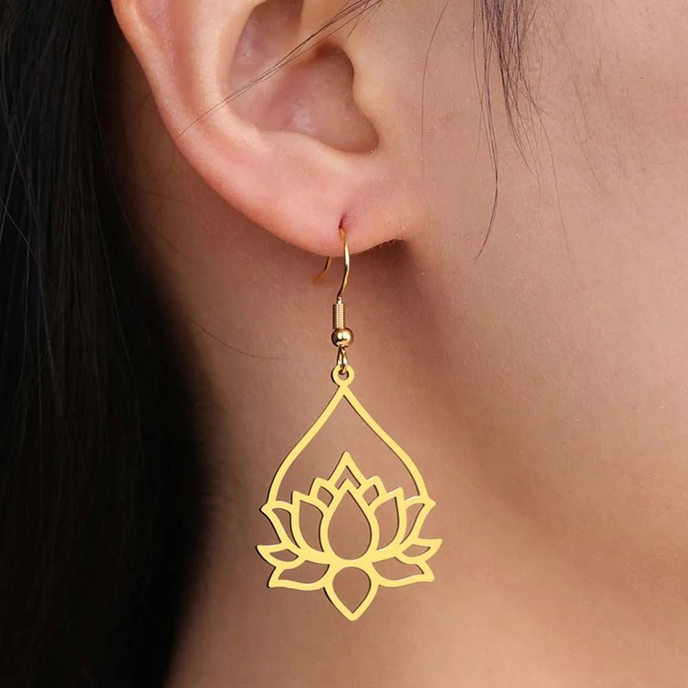My Shape Hollow Lotus Drop Earrings for Women Stainless Steel Flower Dangle Earring Yoga Buddhism Jewelry Gifts Amulet - LEIDAI