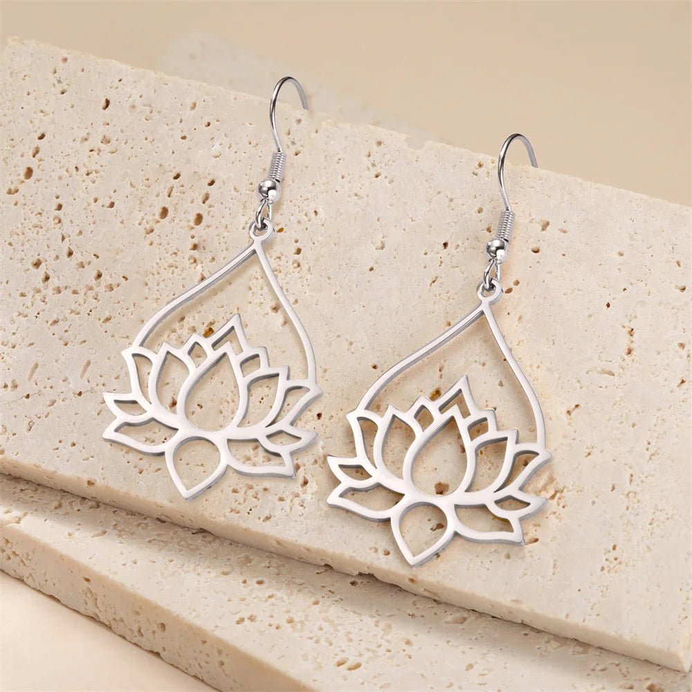 My Shape Hollow Lotus Drop Earrings for Women Stainless Steel Flower Dangle Earring Yoga Buddhism Jewelry Gifts Amulet - LEIDAI