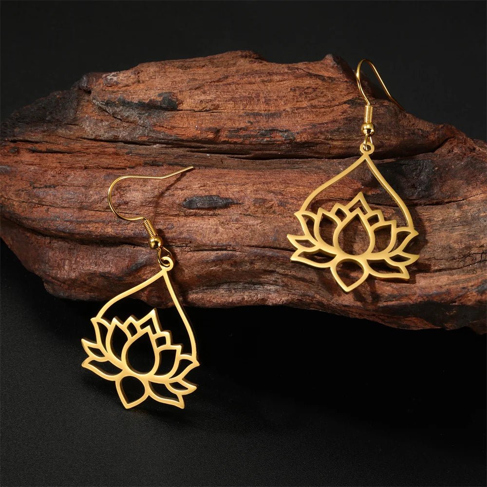 My Shape Hollow Lotus Drop Earrings for Women Stainless Steel Flower Dangle Earring Yoga Buddhism Jewelry Gifts Amulet - LEIDAI