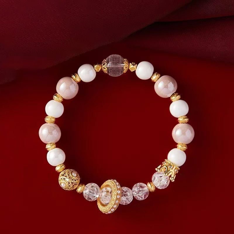Mystic Nine - Tailed Fox Bracelet – Pink Porcelain, Rose Quartz & Gold - Flecked Ash Glass for Love & Luck - LEIDAI