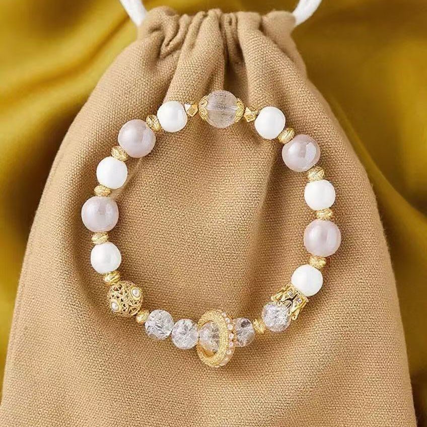 Mystic Nine - Tailed Fox Bracelet – Pink Porcelain, Rose Quartz & Gold - Flecked Ash Glass for Love & Luck - LEIDAI