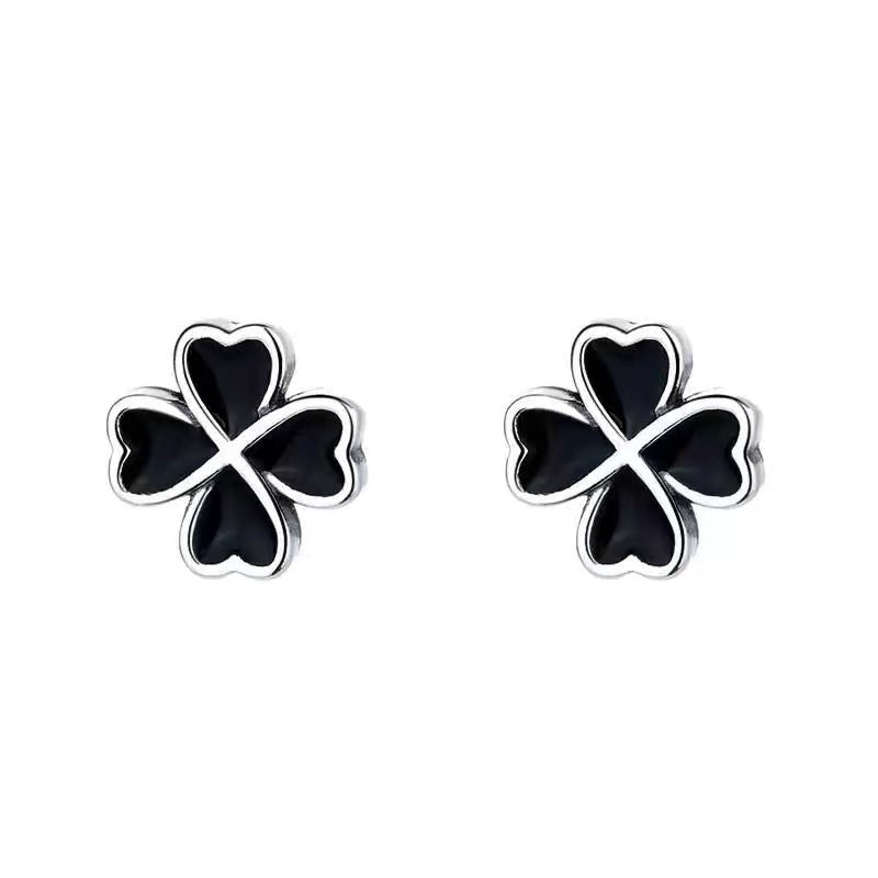 S925 sterling silver black four - leaf clover earrings, temperament and design, high - end new Japanese and Korean earrings for women - LEIDAI