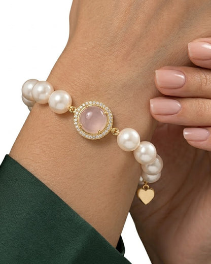 Eternal Love Rose Quartz & Pearl Bracelet with Sparkling Crystal Halo