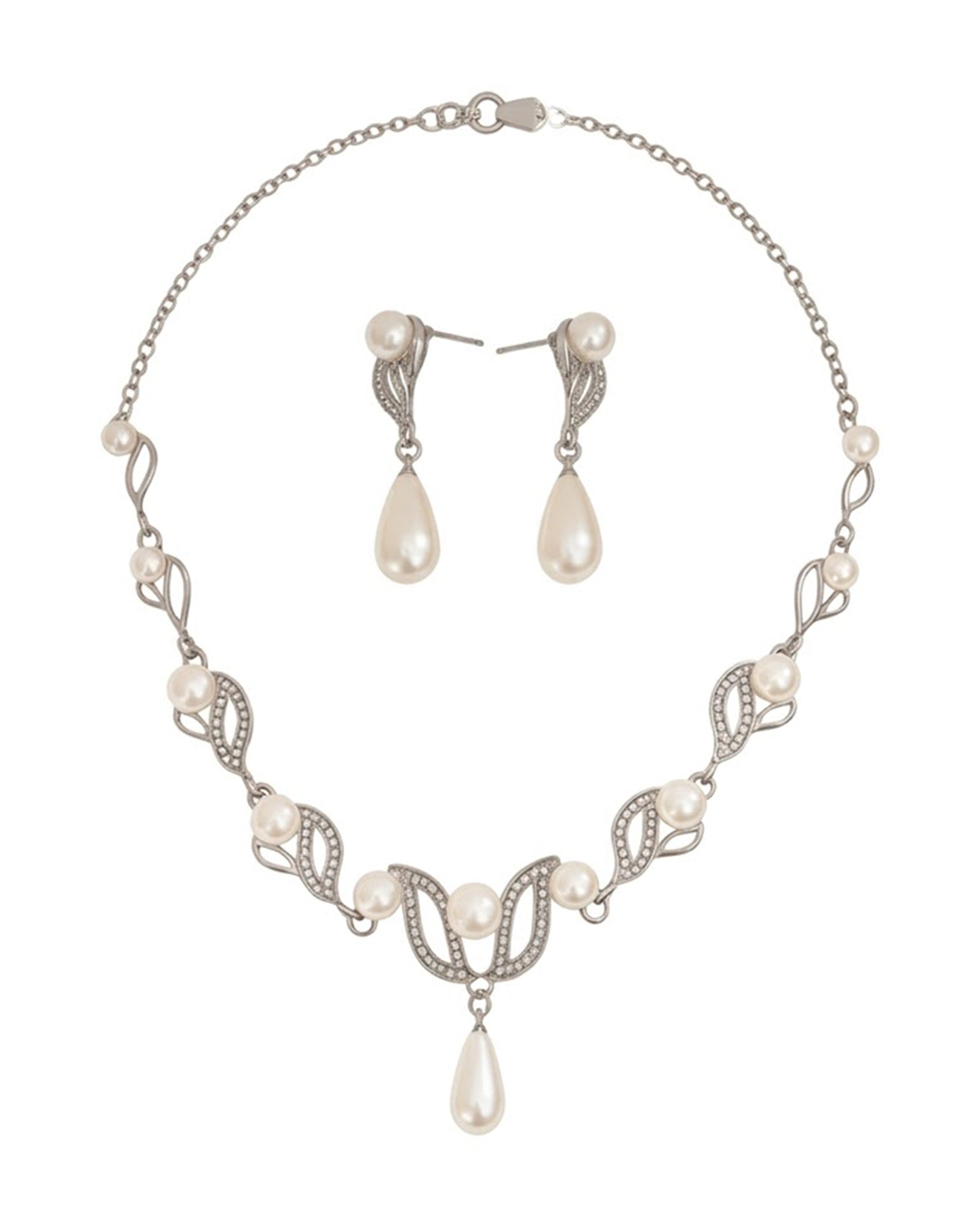 Elegant Silver-Tone Leaf Motif Statement Necklace and Teardrop Pearl Earring Set – Timeless Bridal and Formal Occasion Jewelry