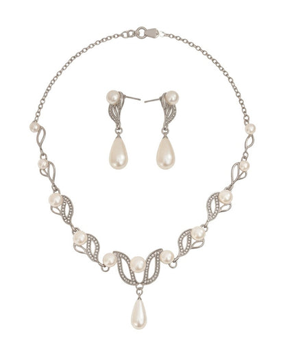 Elegant Silver-Tone Leaf Motif Statement Necklace and Teardrop Pearl Earring Set – Timeless Bridal and Formal Occasion Jewelry
