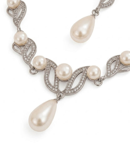 Elegant Silver-Tone Leaf Motif Statement Necklace and Teardrop Pearl Earring Set – Timeless Bridal and Formal Occasion Jewelry