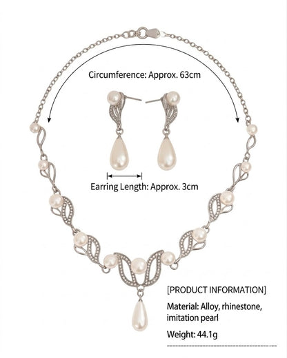 Elegant Silver-Tone Leaf Motif Statement Necklace and Teardrop Pearl Earring Set – Timeless Bridal and Formal Occasion Jewelry