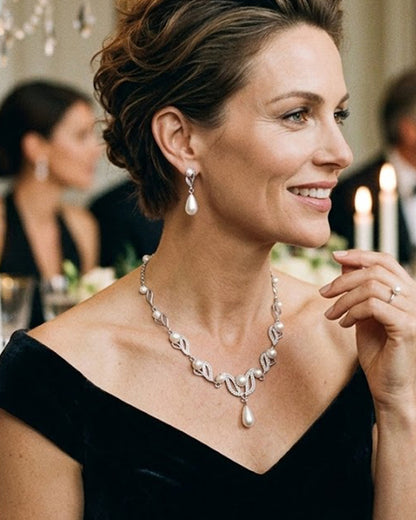 Elegant Silver-Tone Leaf Motif Statement Necklace and Teardrop Pearl Earring Set – Timeless Bridal and Formal Occasion Jewelry