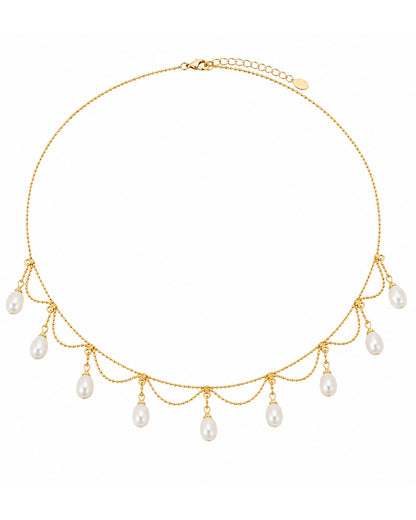 Elegant Draped Gold Chain & Teardrop Pearl Choker – Minimalist Victorian-Inspired Statement Necklace