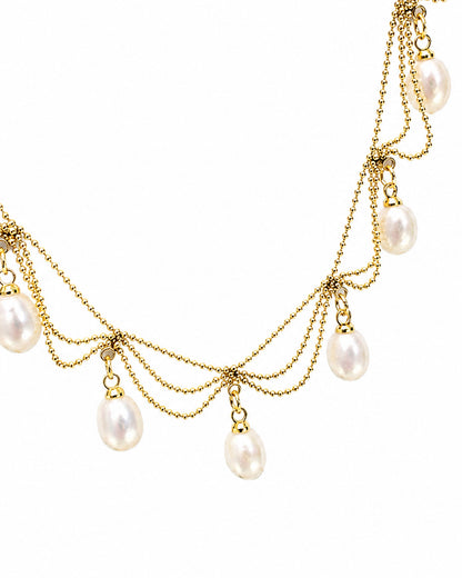Elegant Draped Gold Chain & Teardrop Pearl Choker – Minimalist Victorian-Inspired Statement Necklace