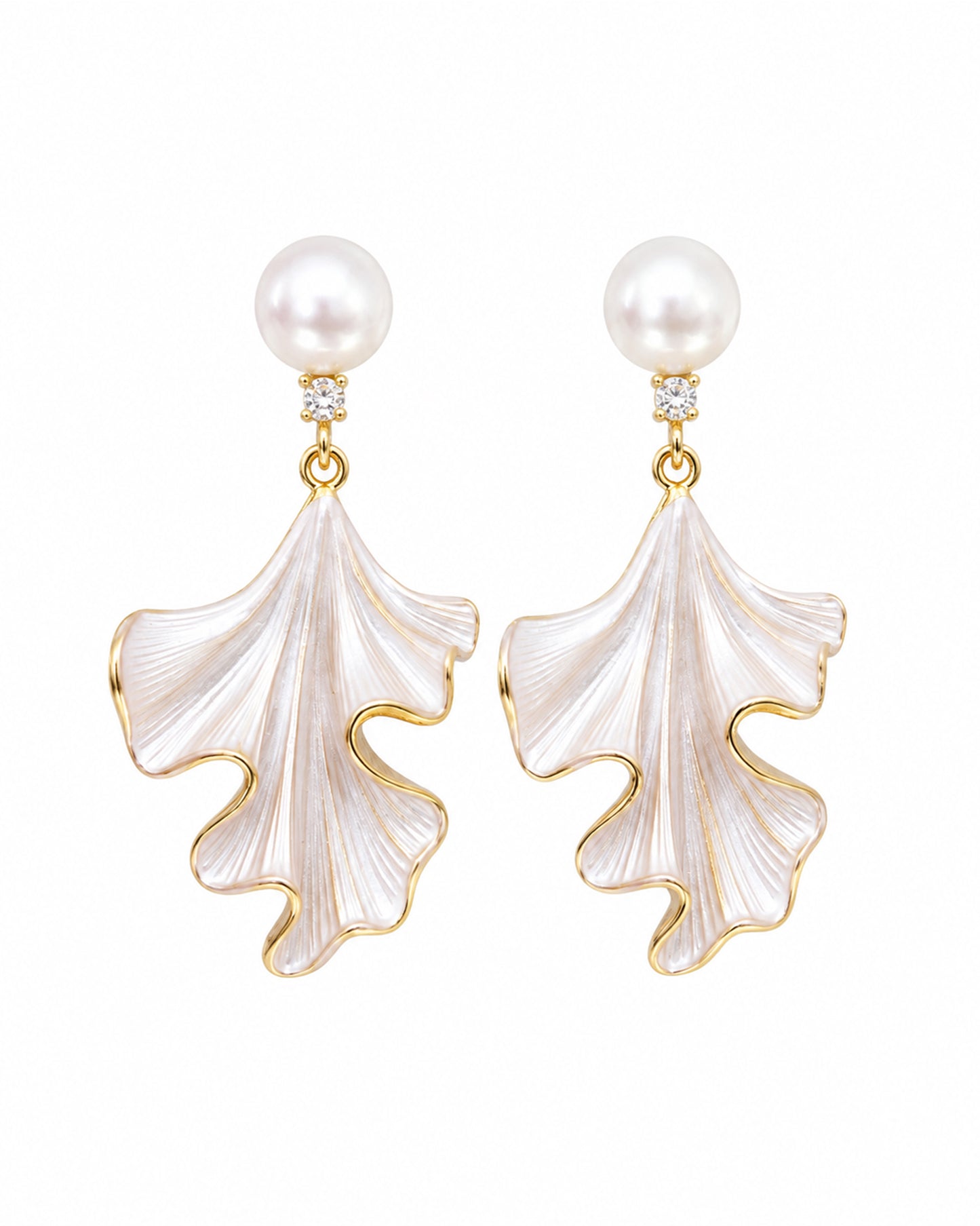 Elegant Botanical Pearl & White Enamel Leaf Drop Earrings – Sophisticated Gold-Tone Statement Jewelry for Formal Occasions