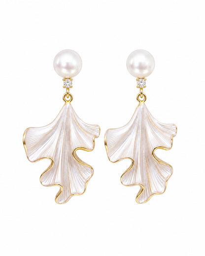Elegant Botanical Pearl & White Enamel Leaf Drop Earrings – Sophisticated Gold-Tone Statement Jewelry for Formal Occasions