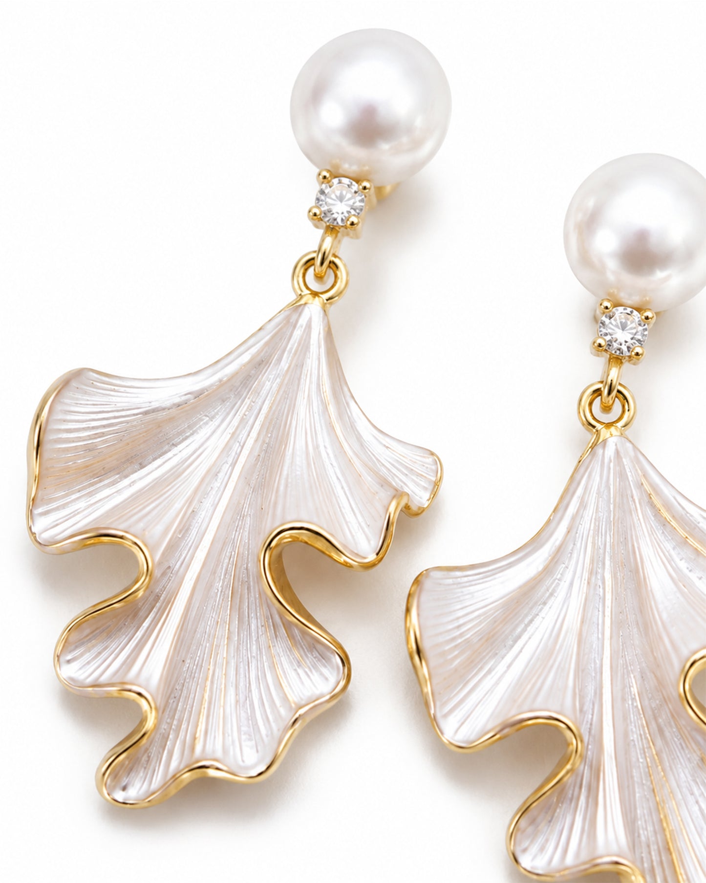 Elegant Botanical Pearl & White Enamel Leaf Drop Earrings – Sophisticated Gold-Tone Statement Jewelry for Formal Occasions