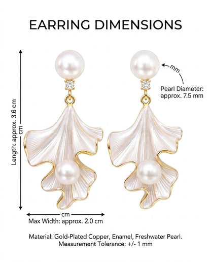 Elegant Botanical Pearl & White Enamel Leaf Drop Earrings – Sophisticated Gold-Tone Statement Jewelry for Formal Occasions