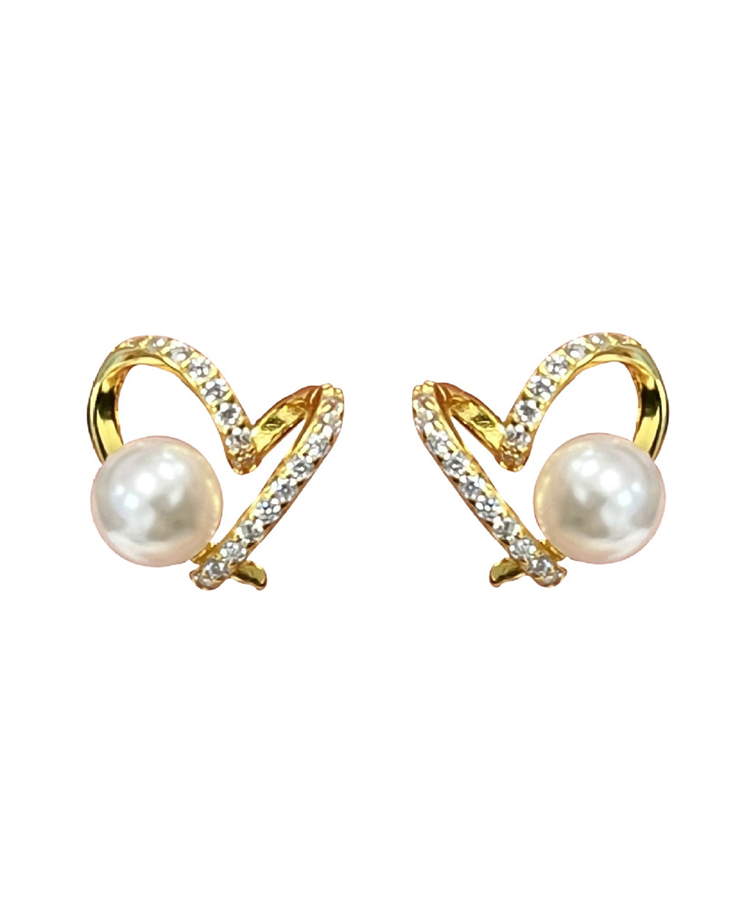 Elegant Heart-Shaped Pearl Stud Earrings – Romantic Crystal-Accented Gold-Tone Jewelry for Everyday Sophistication