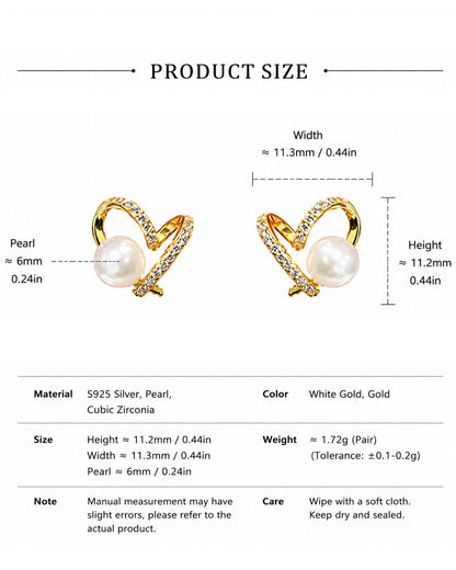 Elegant Heart-Shaped Pearl Stud Earrings – Romantic Crystal-Accented Gold-Tone Jewelry for Everyday Sophistication