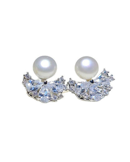 Elegant Crystal-Adorned Pearl Stud Earrings – Radiant Fan-Shaped Statement Jewelry for Bridal and Formal Occasions
