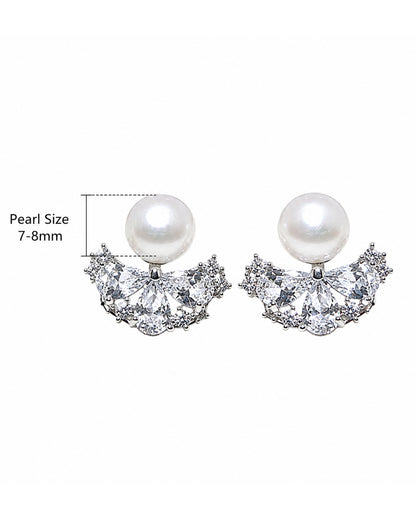 Elegant Crystal-Adorned Pearl Stud Earrings – Radiant Fan-Shaped Statement Jewelry for Bridal and Formal Occasions
