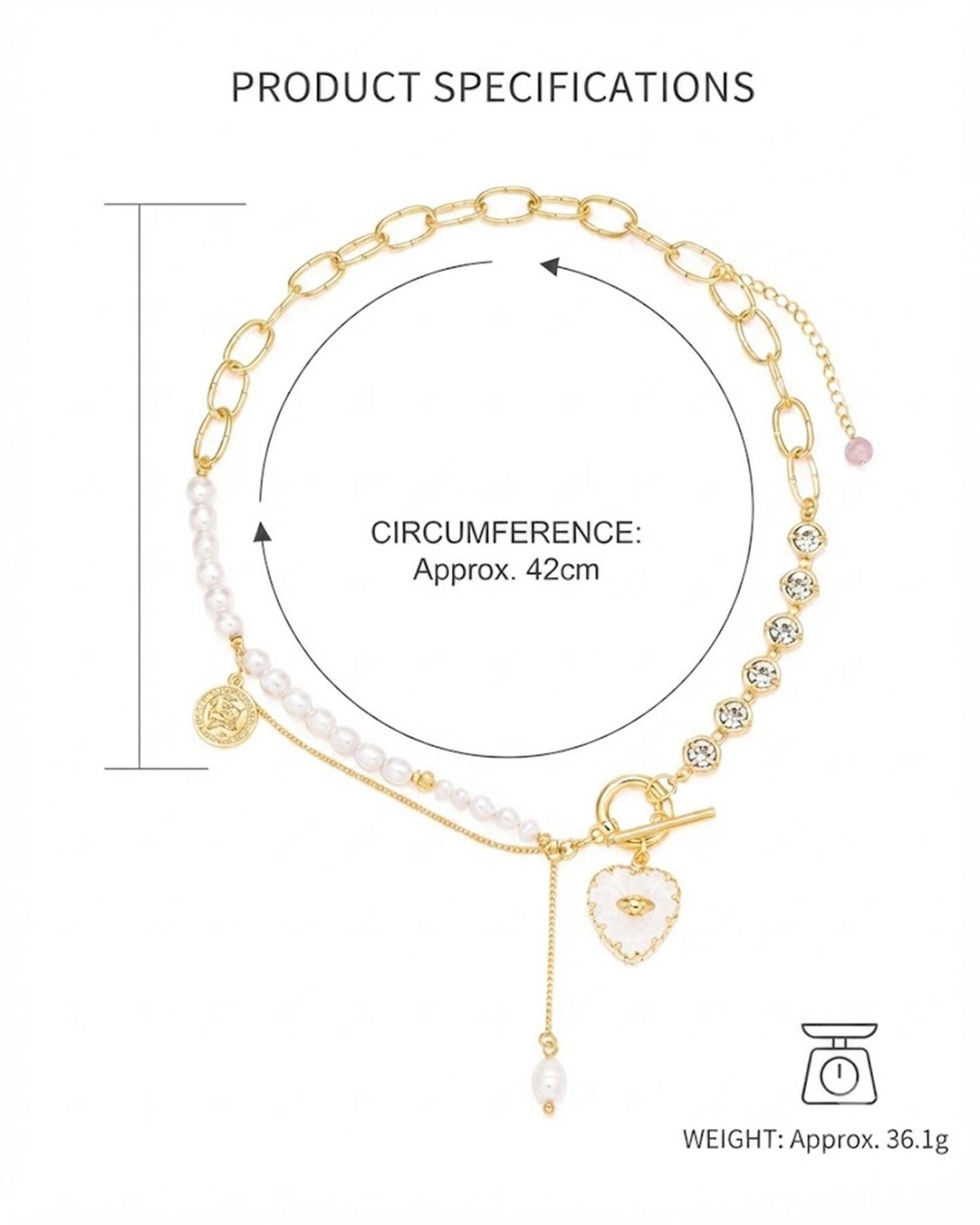 Elegant Mixed-Media Statement Necklace: Gold-Tone Chain, Pearl, and Crystal Accents with Heart Pendant – Chic Asymmetric Jewelry