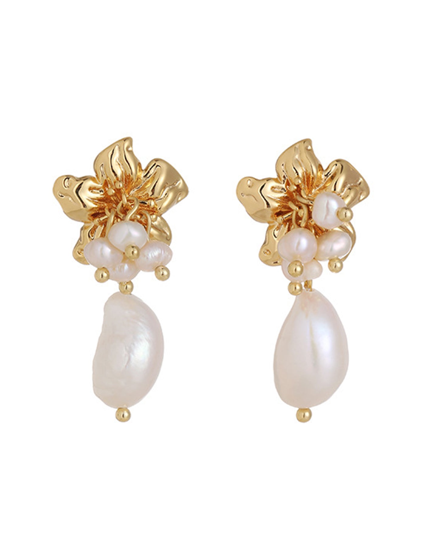 Elegant Golden Botanical Baroque Pearl Drop Earrings – Artisan Floral Design with Lustrous Freshwater Pearl Accents