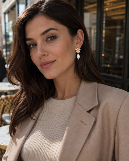 Elegant Golden Botanical Baroque Pearl Drop Earrings – Artisan Floral Design with Lustrous Freshwater Pearl Accents