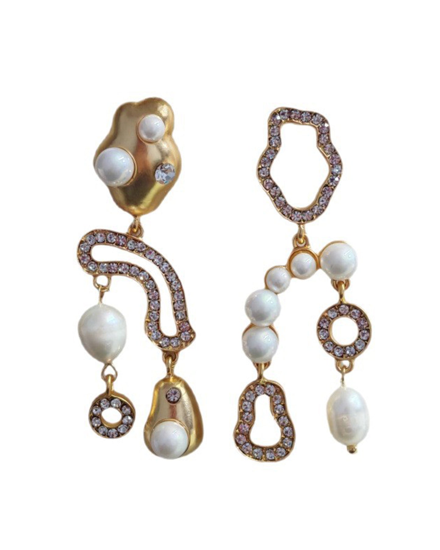 Artistic Mismatched Statement Drop Earrings – Avant-Garde Gold-Tone Jewelry with Baroque Pearls and Sparkling Crystals