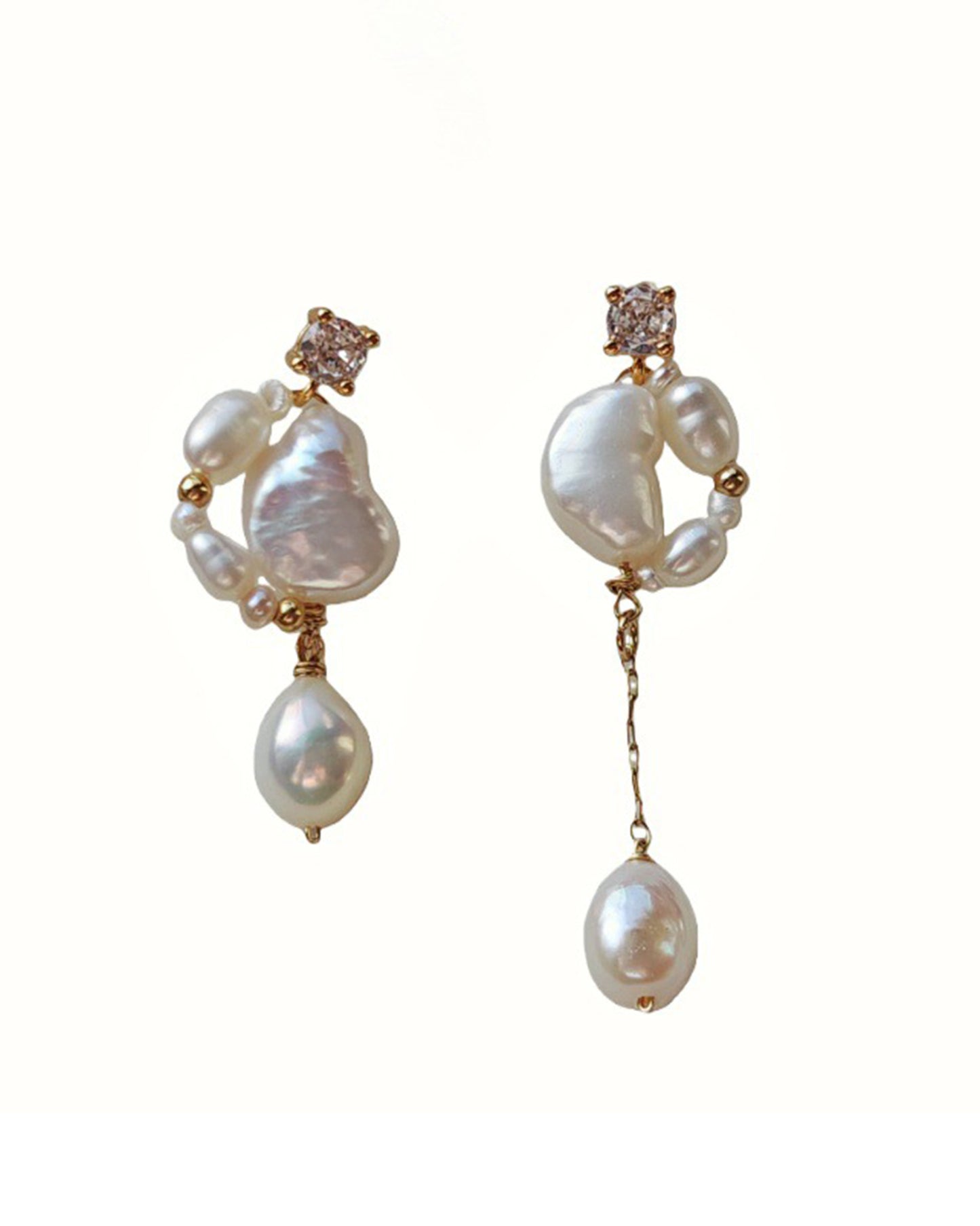 Artistic Asymmetrical Baroque Pearl Drop Earrings – Elegant Gold-Tone Statement Jewelry with Crystal Accents