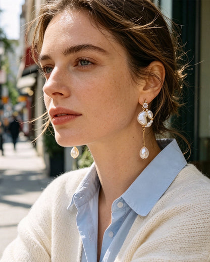 Artistic Asymmetrical Baroque Pearl Drop Earrings – Elegant Gold-Tone Statement Jewelry with Crystal Accents