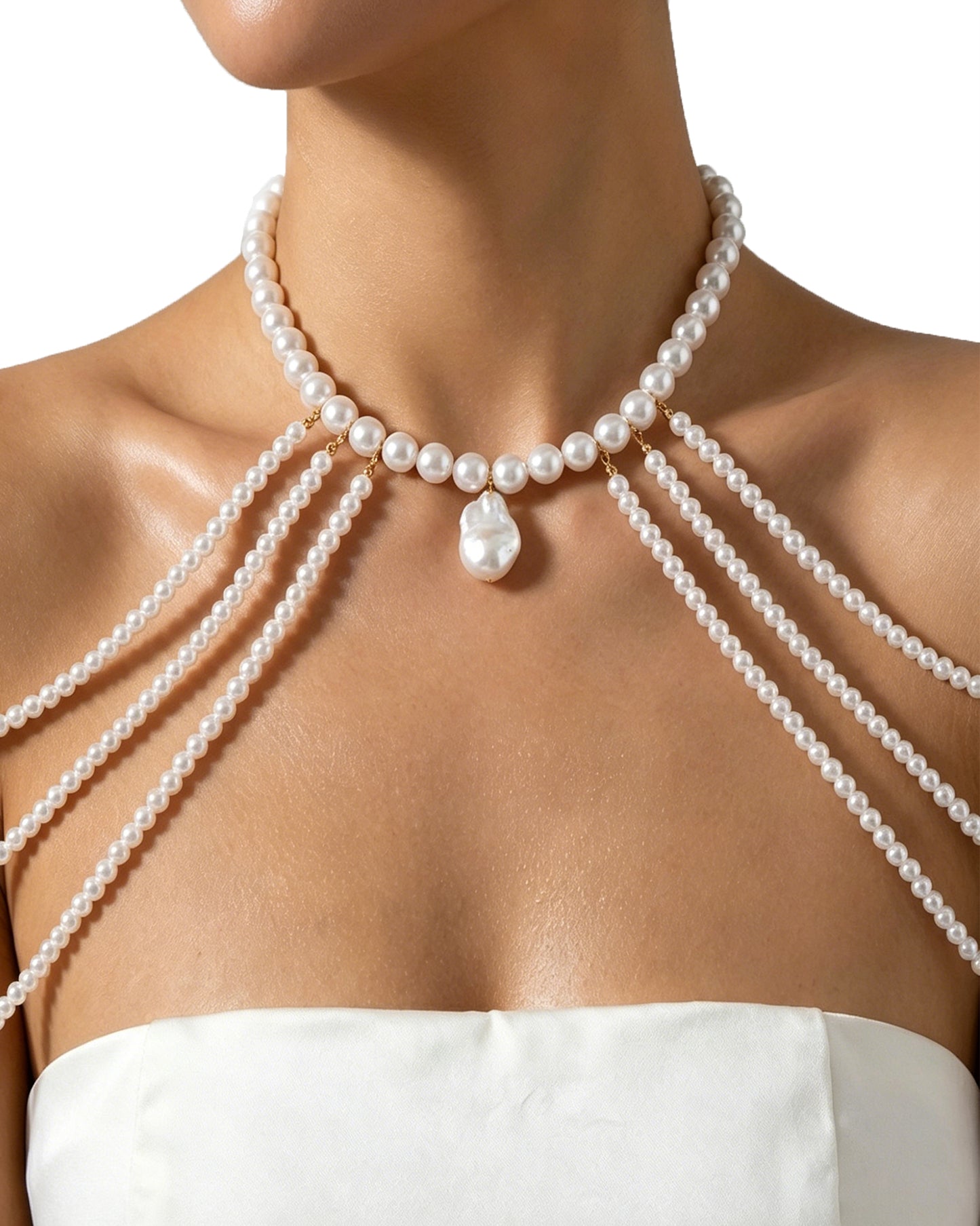 Bohemian Multi-Layer Pearl Shoulder Body Chain Choker, Adjustable Beaded Harness Necklace for Women Summer Beach Bikini Jewelry