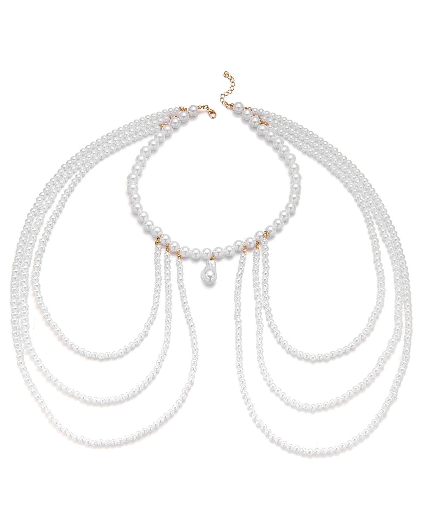 Bohemian Multi-Layer Pearl Shoulder Body Chain Choker, Adjustable Beaded Harness Necklace for Women Summer Beach Bikini Jewelry