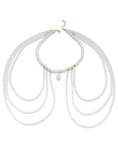 Bohemian Multi-Layer Pearl Shoulder Body Chain Choker, Adjustable Beaded Harness Necklace for Women Summer Beach Bikini Jewelry