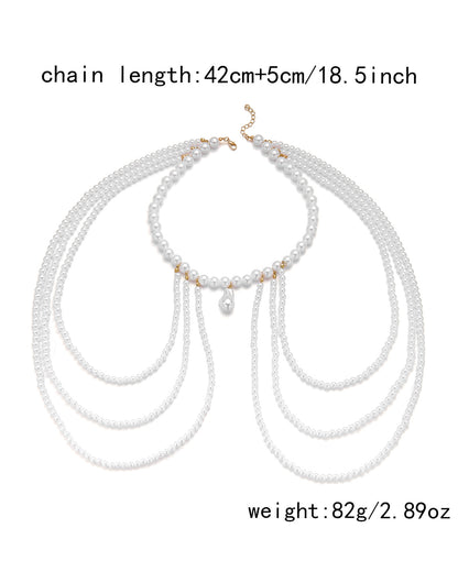 Bohemian Multi-Layer Pearl Shoulder Body Chain Choker, Adjustable Beaded Harness Necklace for Women Summer Beach Bikini Jewelry