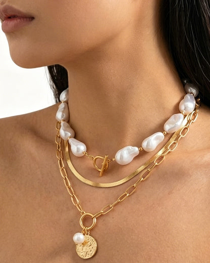 Elegant Layered Pearl Necklace with Gold Pendant – Classic Chic Jewelry