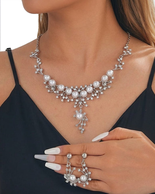 Luxury Pearl Vine Bridal Jewelry Set – Crystal Wedding Necklace & Earrings