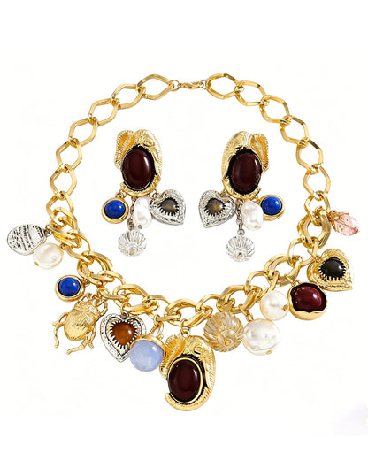 Vintage Charm Statement Necklace & Earrings Set – Pearl & Gemstone Inspired Jewelry
