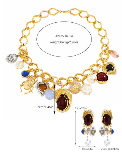 Vintage Charm Statement Necklace & Earrings Set – Pearl & Gemstone Inspired Jewelry