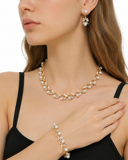 Elegant Pearl Vine Jewelry Set – Necklace, Bracelet & Earrings