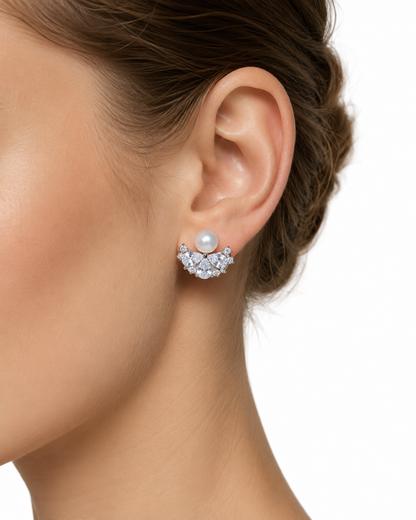 Elegant Crystal-Adorned Pearl Stud Earrings – Radiant Fan-Shaped Statement Jewelry for Bridal and Formal Occasions