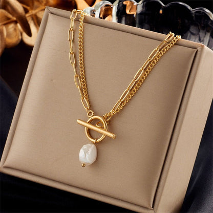 European and American new simple retro baroque pearl irregular OT double chain metal punk stainless steel necklace - LEIDAI