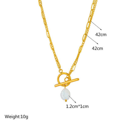 European and American new simple retro baroque pearl irregular OT double chain metal punk stainless steel necklace - LEIDAI