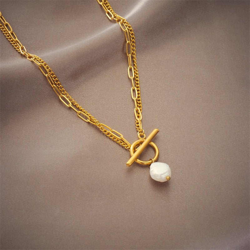 European and American new simple retro baroque pearl irregular OT double chain metal punk stainless steel necklace - LEIDAI