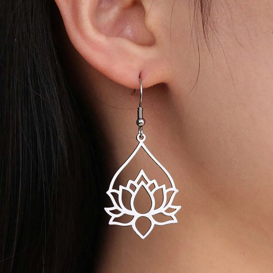 My Shape Hollow Lotus Drop Earrings for Women Stainless Steel Flower Dangle Earring Yoga Buddhism Jewelry Gifts Amulet - LEIDAI