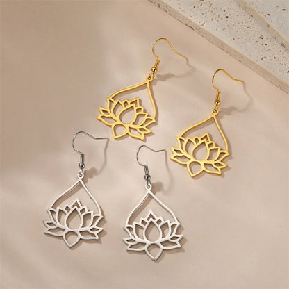 My Shape Hollow Lotus Drop Earrings for Women Stainless Steel Flower Dangle Earring Yoga Buddhism Jewelry Gifts Amulet - LEIDAI